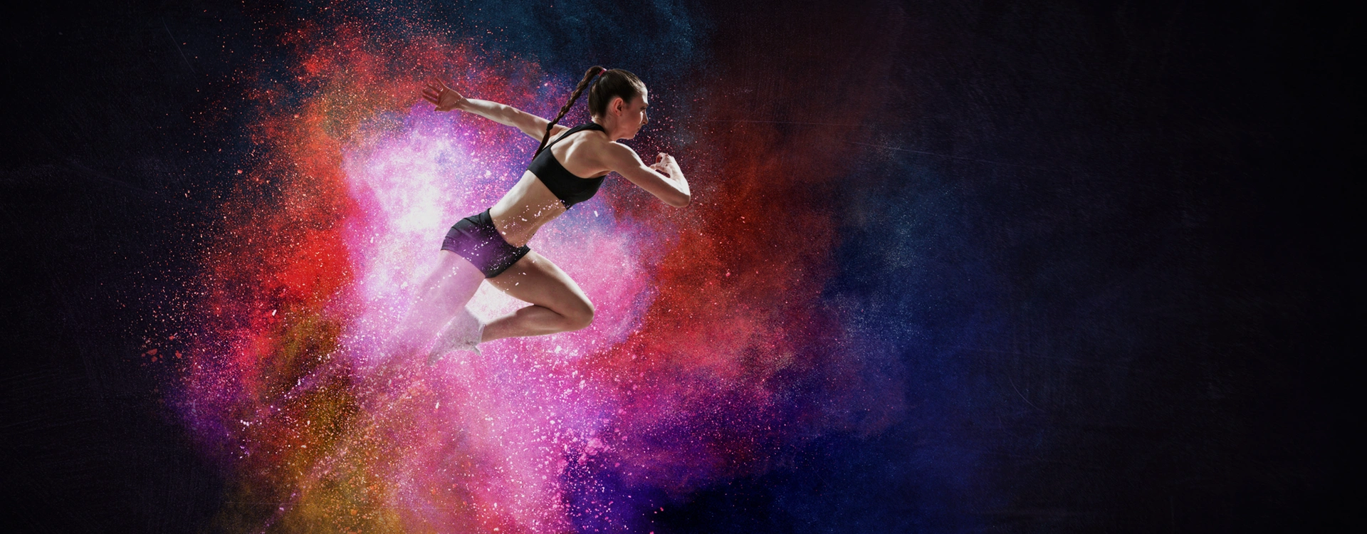 mulher a correr, ilustrada com explosão se cores